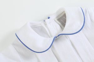 White Collared Top and Blue Button Shorts