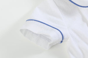 White Collared Top and Blue Button Shorts