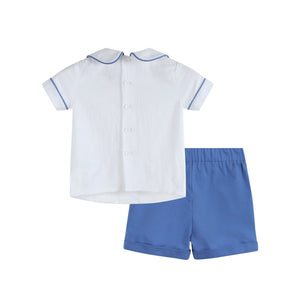 White Collared Top and Blue Button Shorts