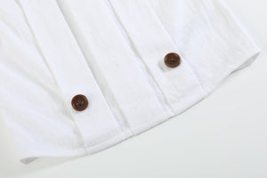 White Collared Top and Blue Button Shorts