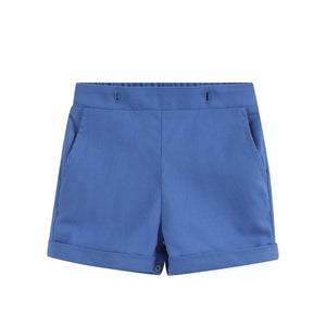 White Collared Top and Blue Button Shorts