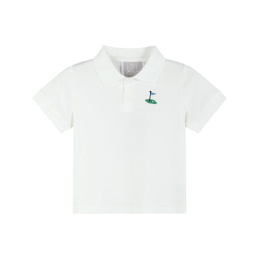 White golf tee polo shirt for babies, perfect for stylish and comfortable playtime.