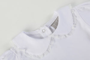 White lace collared long sleeve girls romper, stylish and cute, perfect for baby outfits. Angle 5 view.