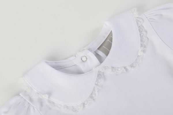 White lace collared long sleeve girls romper, stylish and cute, perfect for baby outfits. Angle 5 view.