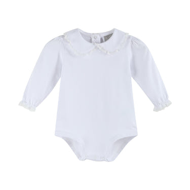 White lace collared girls long sleeve bodysuit romper, perfect for stylish baby outfits.