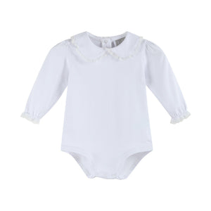 White lace collared girls long sleeve bodysuit romper, perfect for stylish baby outfits.