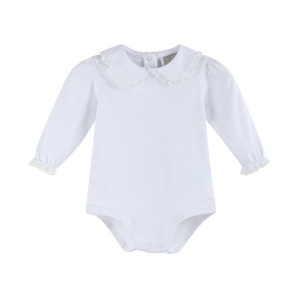 White lace collared girls long sleeve bodysuit romper, perfect for stylish baby outfits.