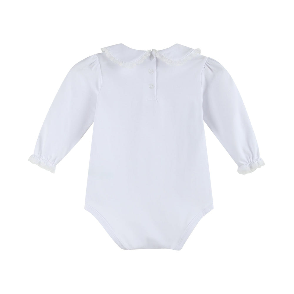 White lace collared girls long sleeve bodysuit romper, perfect for stylish baby outfits.