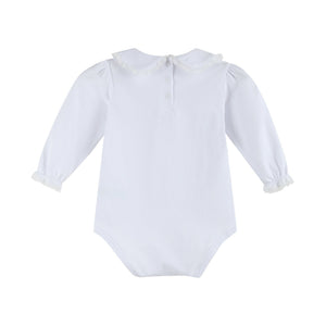 White lace collared girls long sleeve bodysuit romper, angle view showcasing delicate design and soft fabric.