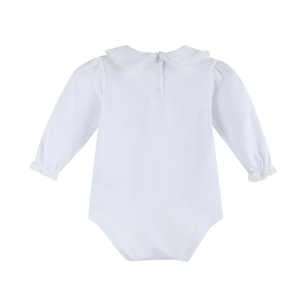 White lace collared girls long sleeve bodysuit romper, angle view showcasing delicate design and soft fabric.