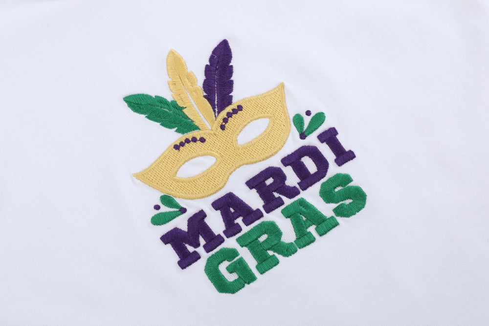 White Mardi Gras Applique Ruffle Shirt