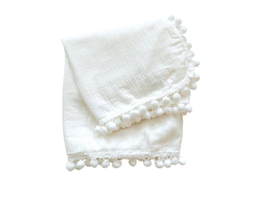 White Pom Muslin Swaddle Blanket