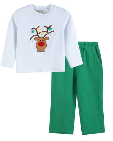 White Pompom Reindeer and Green Pants Set