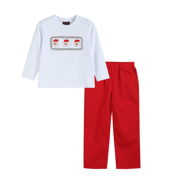 White Smocked Santa Long-Sleeve Tee & Red Pants