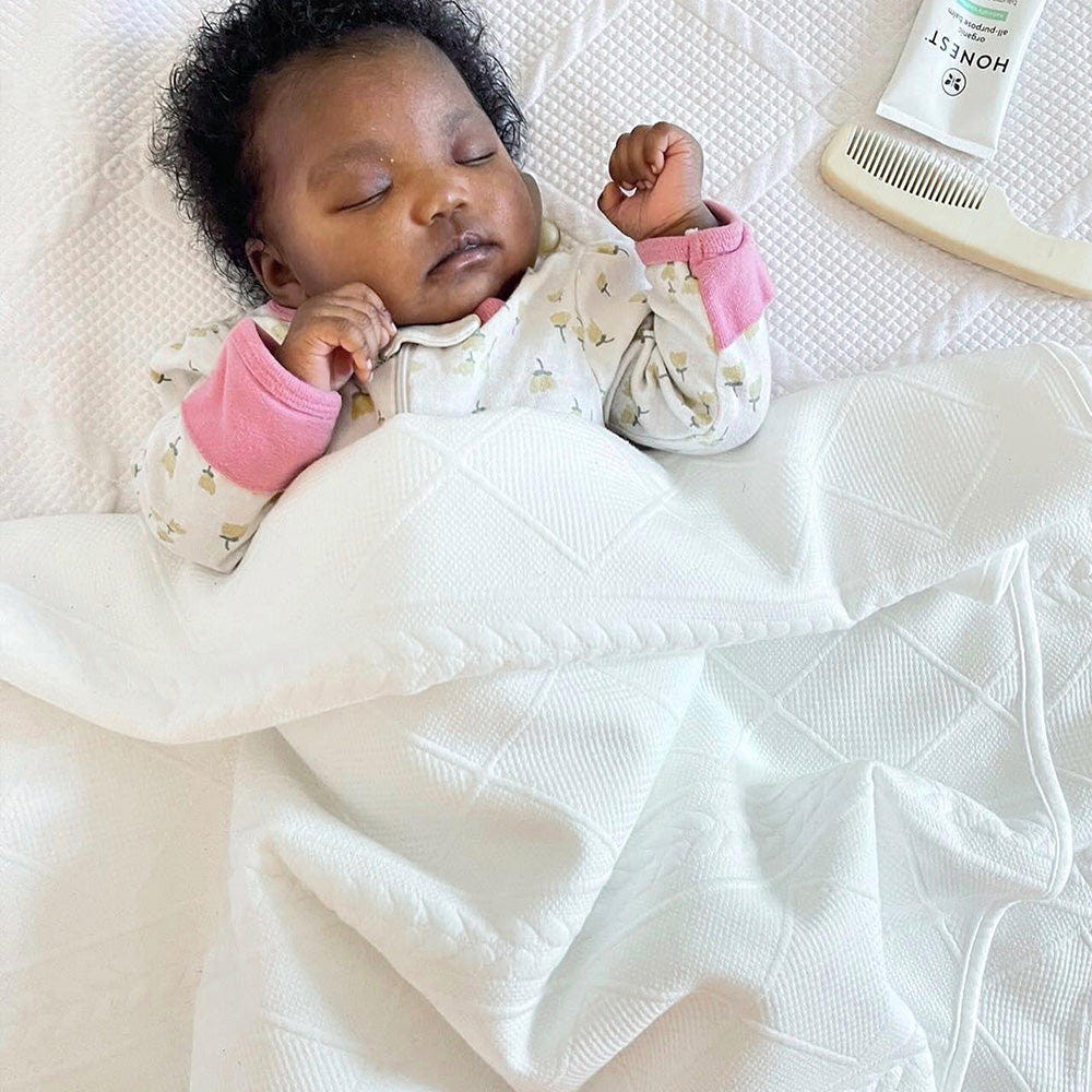 White 50" x 60" full size knit throw blanket for babies, soft and cozy for comfort and warmth.