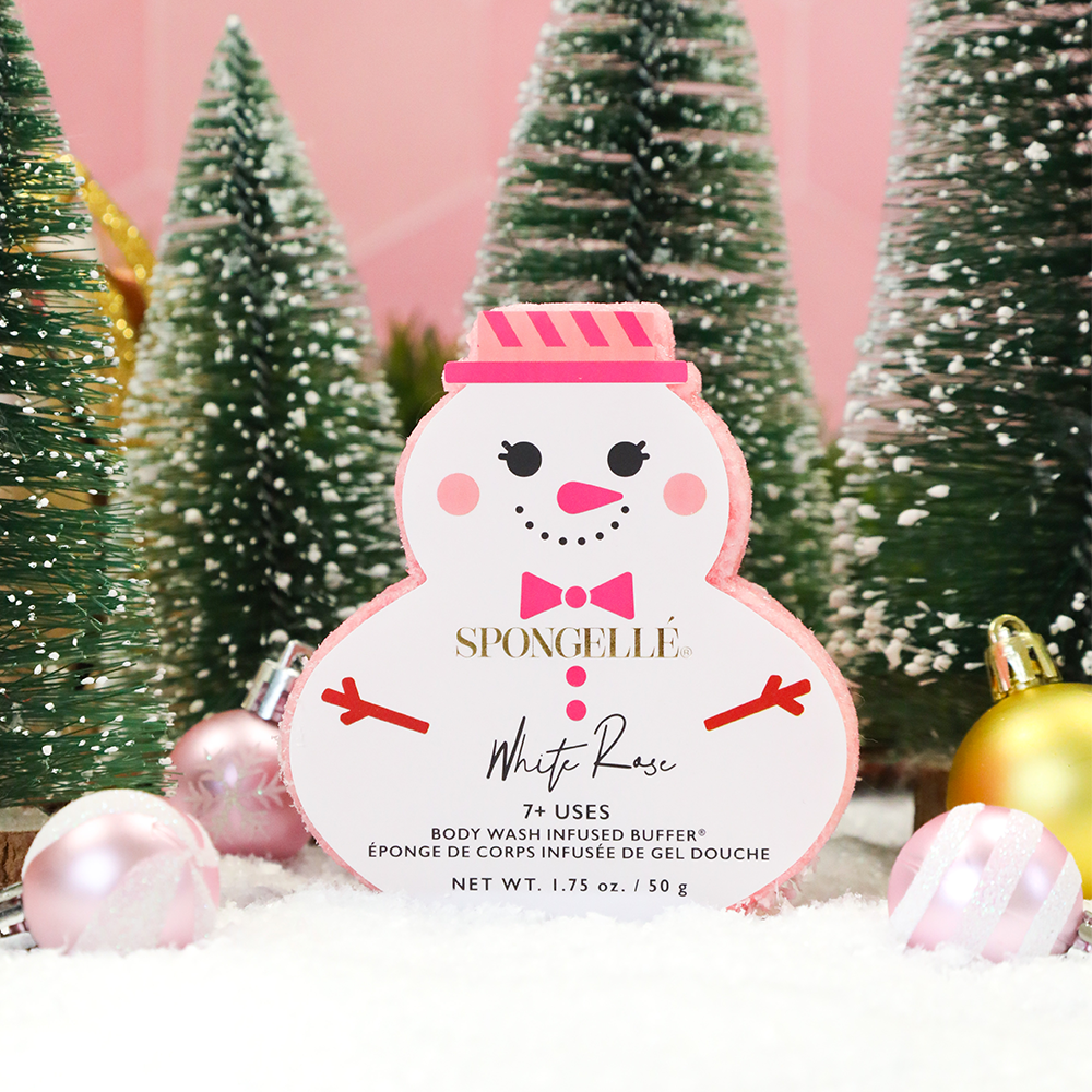 White Rose Holiday Snowman Body Wash Infused Buffer - festive skincare for a gentle, bubbly bath experience.