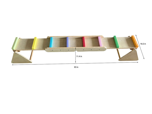Colorful Willow Rainbow Seesaw and Balance Beam for indoor play, promoting balance and fun for toddlers.