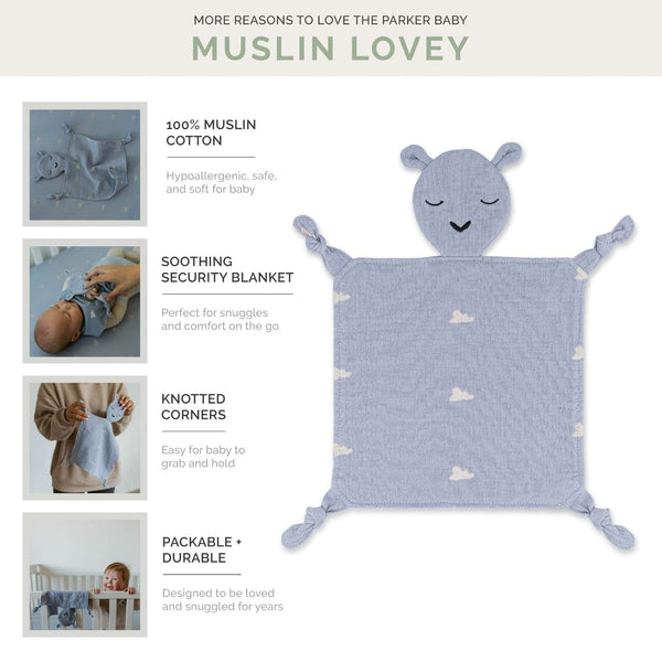 100% Muslin Lovey in Windy design, soft and cuddly for babies, shown from angle 3. Perfect for comfort and security.