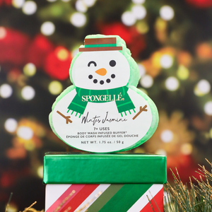 Winter Jasmine Holiday Snowman Body Wash Infused Buffer at an angle, perfect for festive skincare.