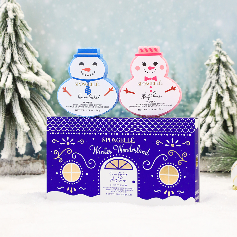 "Winter Wonderland Holiday Snowman Gift Set - Body Wash Infused Buffer for a festive bathing experience."