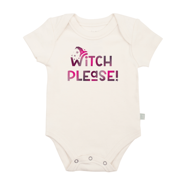 "Graphic bodysuit for babies with 'Witch Please' design, perfect for playful and stylish outfits."