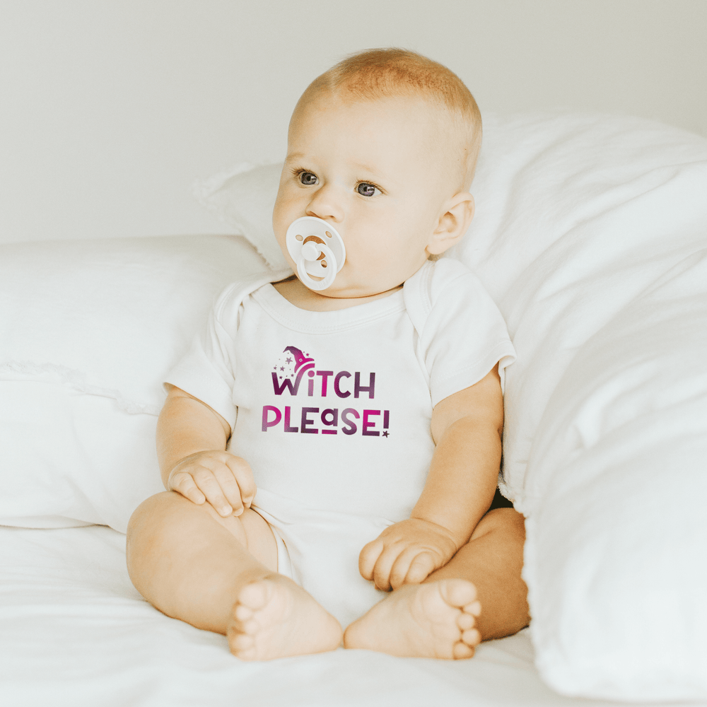 "Graphic bodysuit for babies with 'Witch Please' design, perfect for playful and stylish outfits."