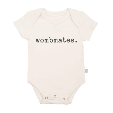 Graphic short sleeve bodysuit for babies by Wombmates, featuring playful designs and soft fabric.