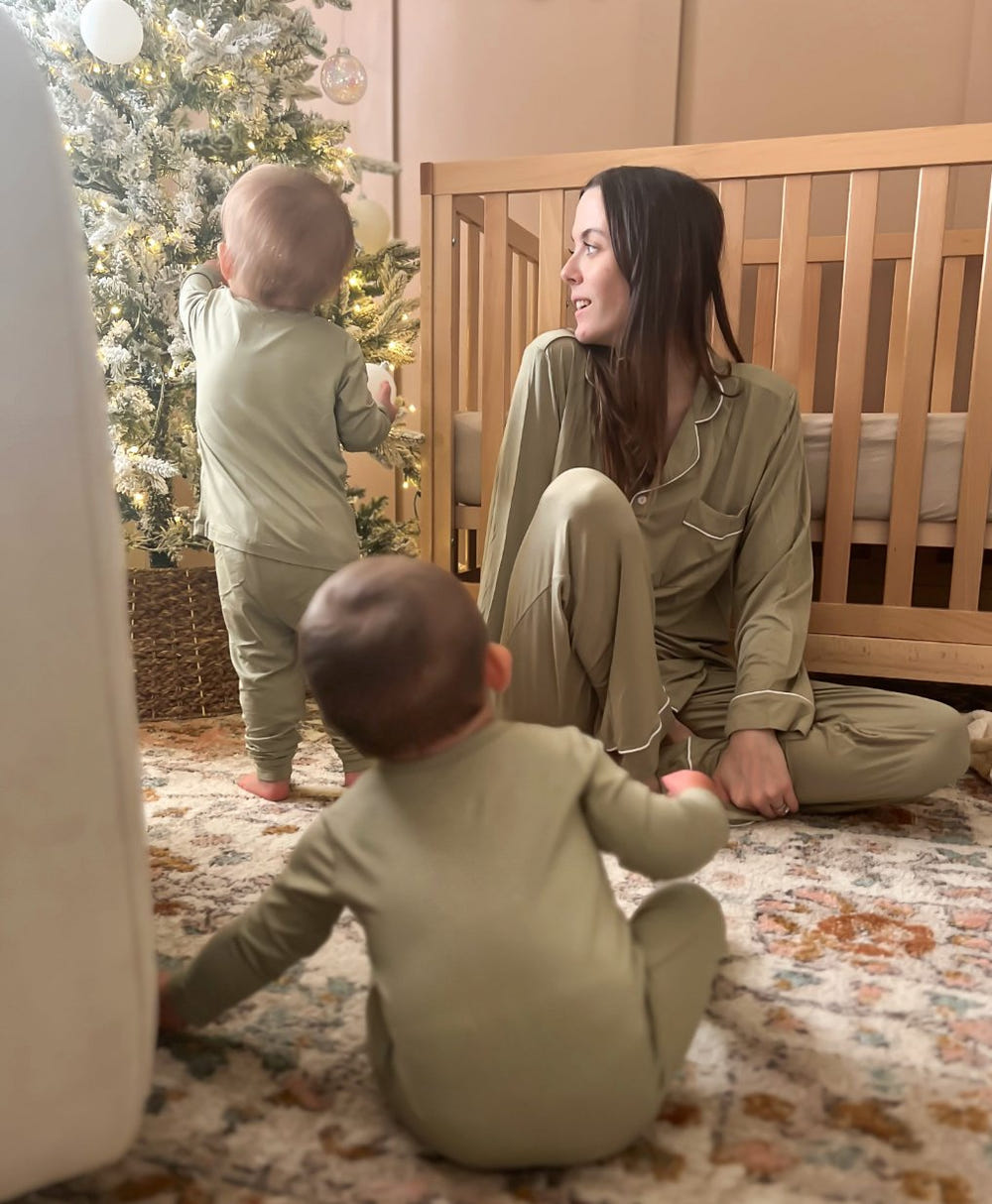 Women's long sleeve pajama set in sage green, perfect for cozy sleep and relaxation.