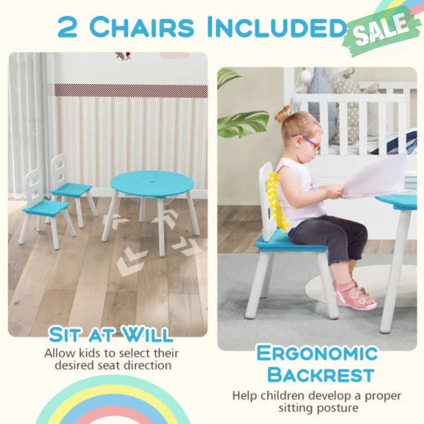 Wood Activity Kids Table and Chair Set with Center Mesh Storage-White Blue Kids Table & Chair Sets