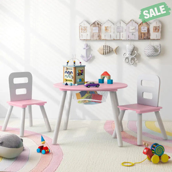 Wood Activity Kids Table and Chair Set with Center Mesh Storage-White Pink Kids Table & Chair Sets