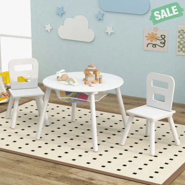 Wood Activity Kids Table and Chair Set with Center Mesh Storage-White Kids Table & Chair Sets