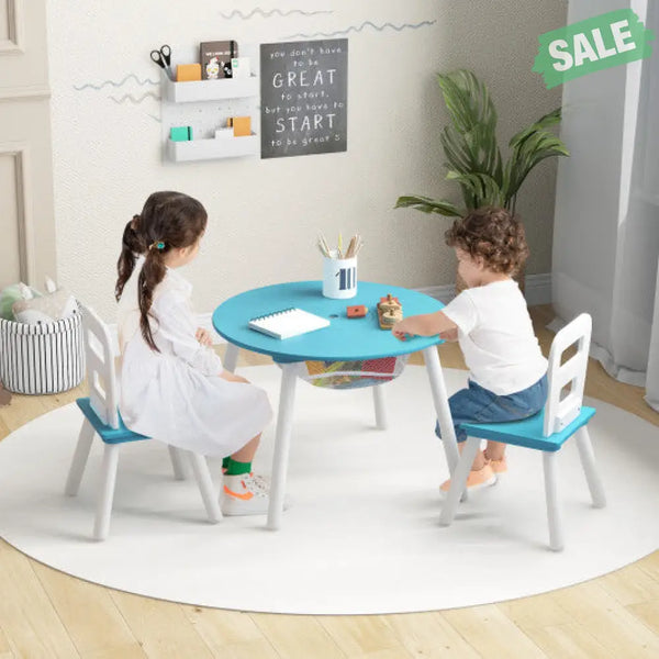 Wood Activity Kids Table and Chair Set with Center Mesh Storage-White Kids Table & Chair Sets