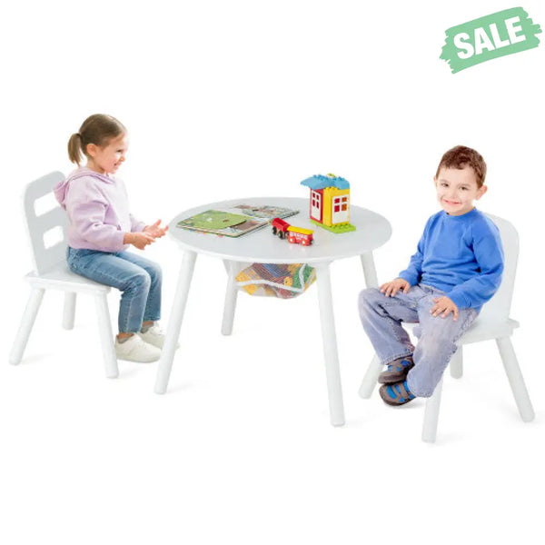 Wood Activity Kids Table and Chair Set with Center Mesh Storage-White Kids Table & Chair Sets