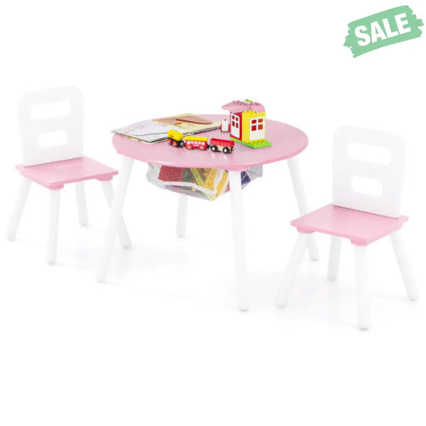 Wood Activity Kids Table and Chair Set with Center Mesh Storage-White Kids Table & Chair Sets