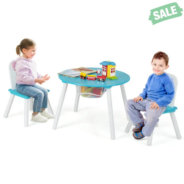 Wood Activity Kids Table and Chair Set with Center Mesh Storage-White Kids Table & Chair Sets