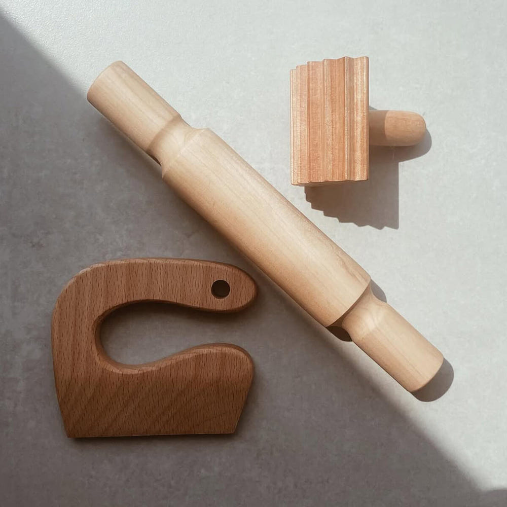 Eco-Dough Wooden Tools Set for creative play with dough, featuring eco-friendly materials and vibrant colors.