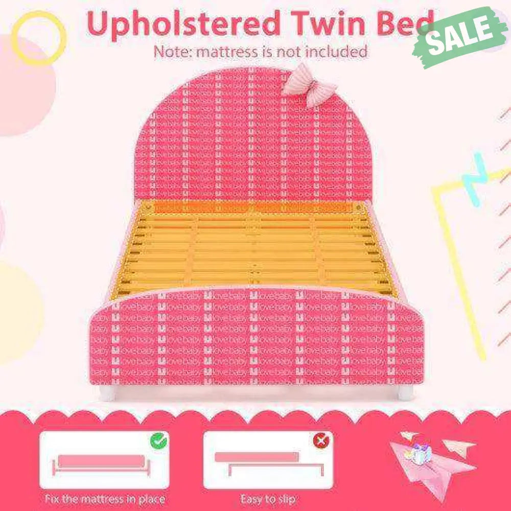 Wood Upholstered Twin Bed Platform Slat Support Guard Rails