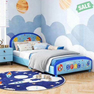 Wood Upholstered Twin Bed Platform with Slat Support-Blue Toddler Beds