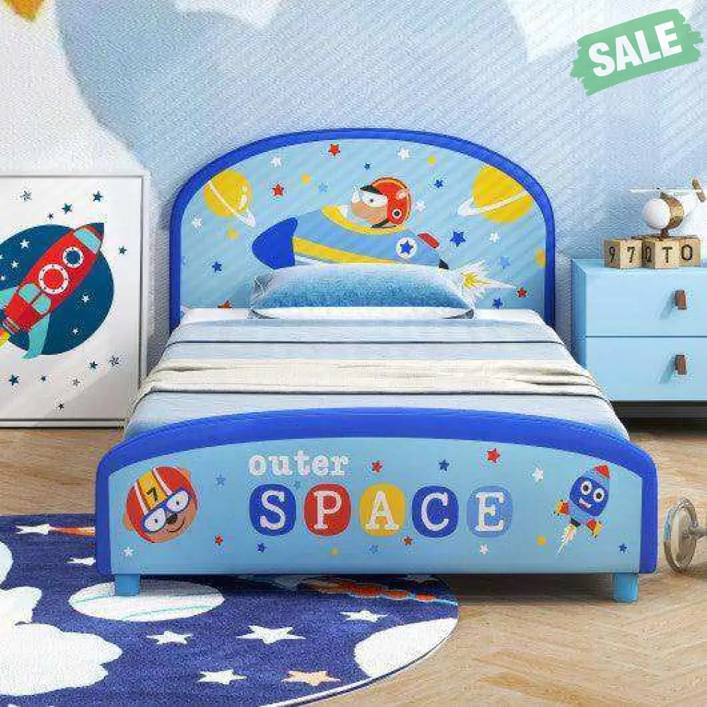 Wood Upholstered Twin Bed Platform with Slat Support-Blue Toddler Beds