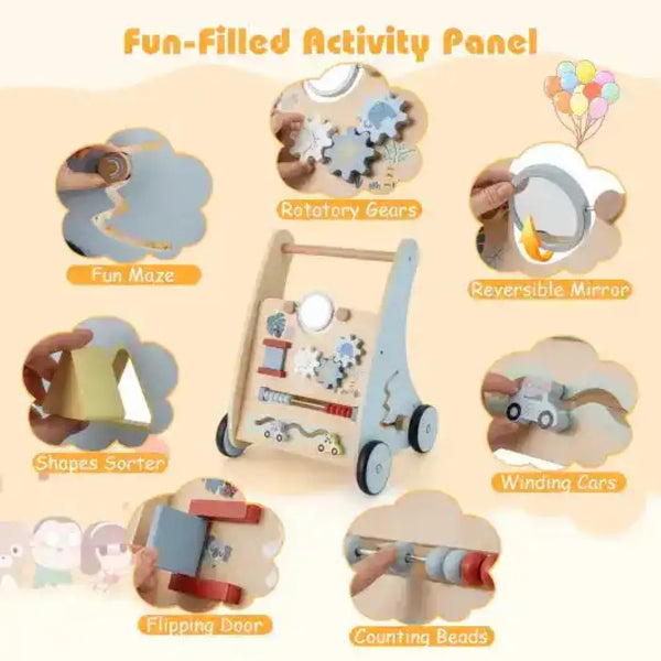 Wooden Baby Push and Pull Walker with Multi-Activity Learning Center Baby Walkers