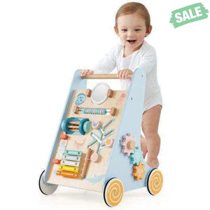 Wooden Baby Walker Push and Pull Learning Activity Center with Wheels-Blue