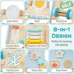 Wooden Baby Walker Push and Pull Learning Activity Center with Wheels-Blue