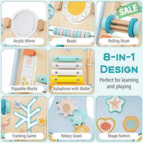 Wooden Baby Walker Push and Pull Learning Activity Center with Wheels-Blue