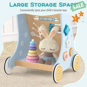 Wooden Baby Walker Push and Pull Learning Activity Center with Wheels-Blue