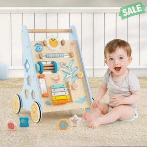 Wooden Baby Walker Push and Pull Learning Activity Center with Wheels-Blue
