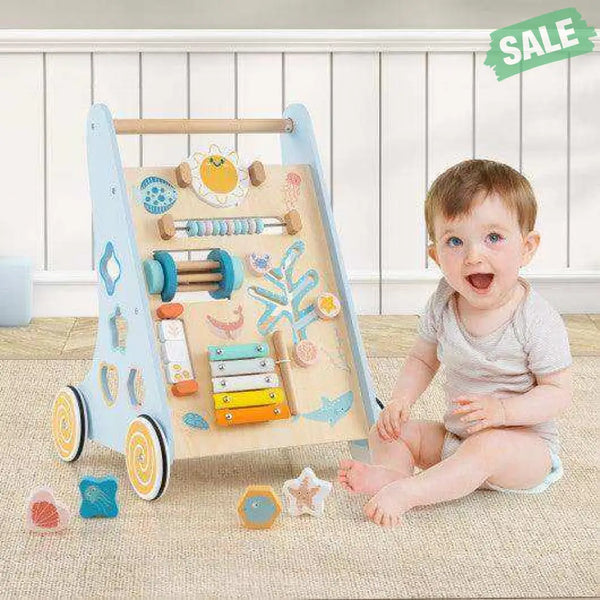 Wooden Baby Walker Push and Pull Learning Activity Center with Wheels-Blue