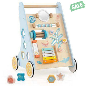 Wooden Baby Walker Push and Pull Learning Activity Center with Wheels-Blue