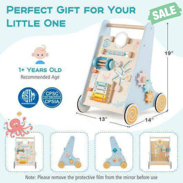 Wooden Baby Walker Push and Pull Learning Activity Center with Wheels-Blue