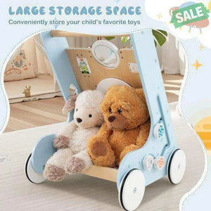 Wooden Baby Walker Push and Pull Learning Activity Center with Wheels for Toddlers 1+ Years Old-Blue