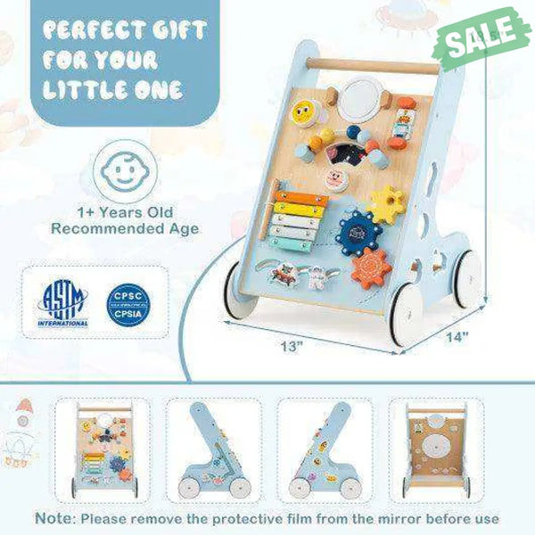 Wooden Baby Walker Push and Pull Learning Activity Center with Wheels for Toddlers 1+ Years Old-Blue